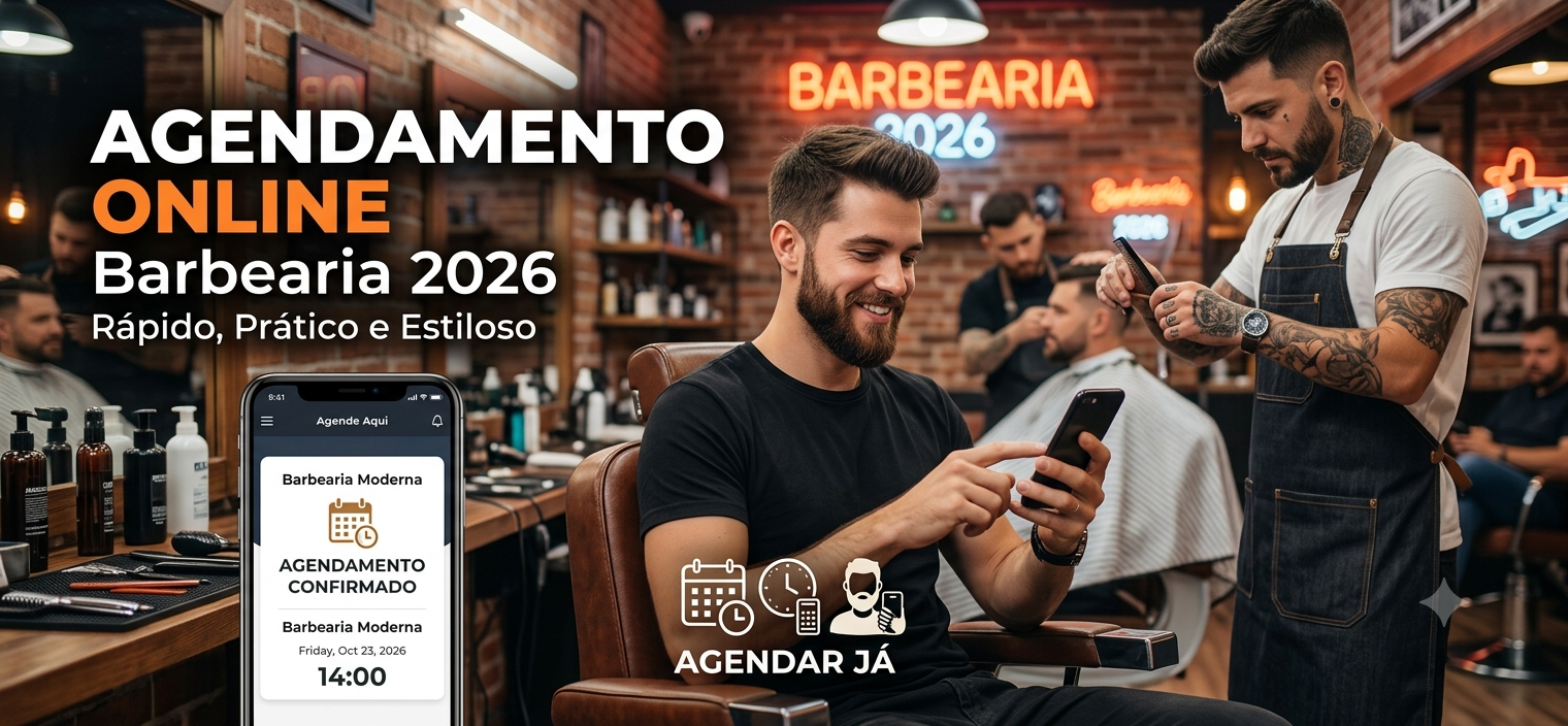 Barbeiro conferindo agenda digital no celular enquanto atende cliente na cadeira