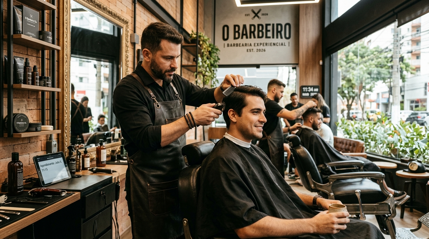 Barbeiro criando experiência premium para cliente em barbearia moderna em 2026