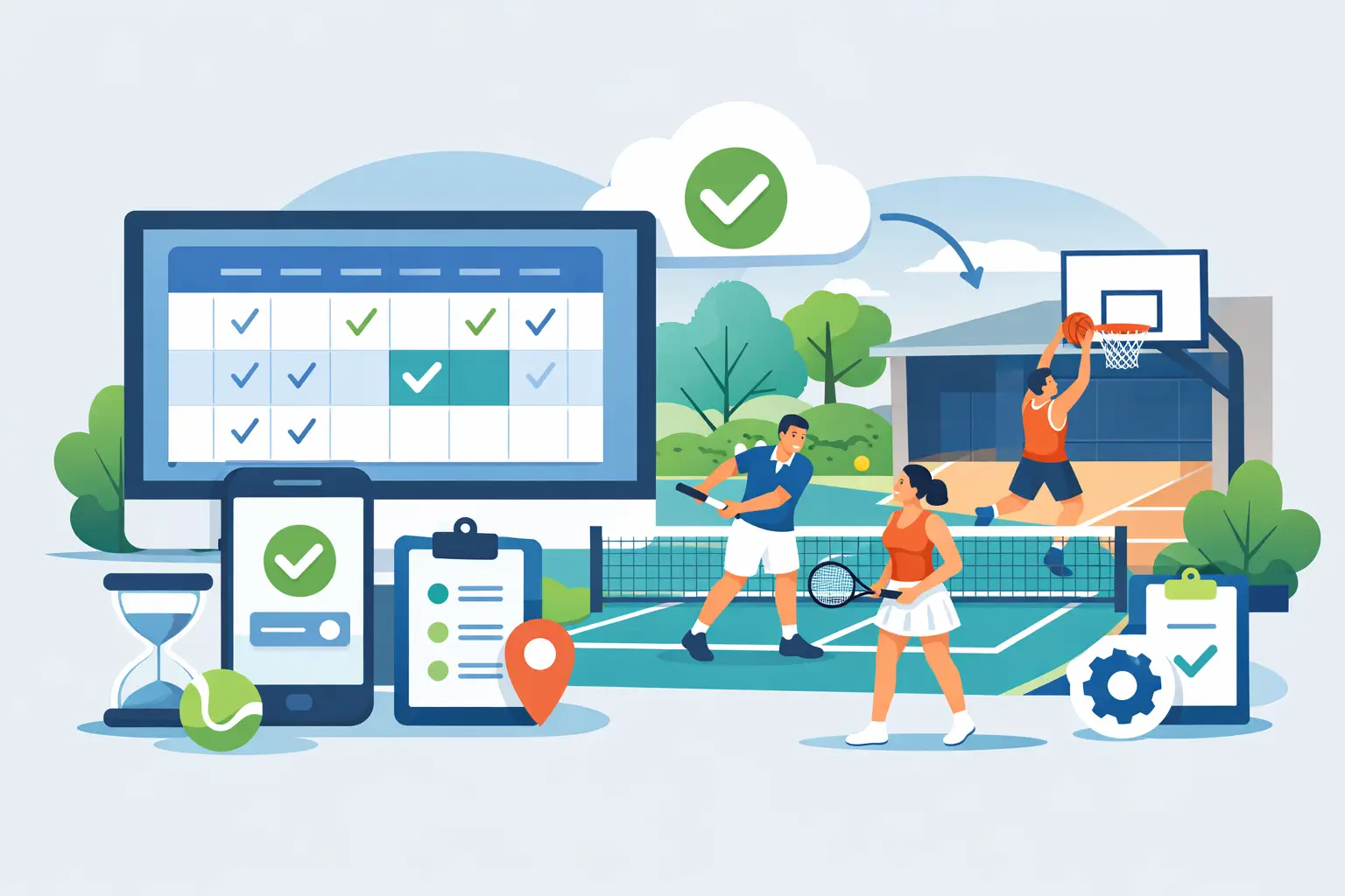 Gestor de complexo esportivo consultando sistema de reservas de quadras em tablet com agenda em tempo real